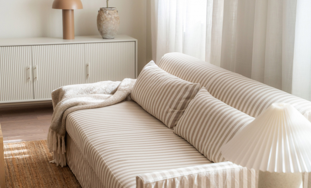 TOFTE Sovesofa Stripete Beige i gruppen Stue / Sofaer / Sovesofaer hos Sofas & more (3195-TOF3S-0671A)